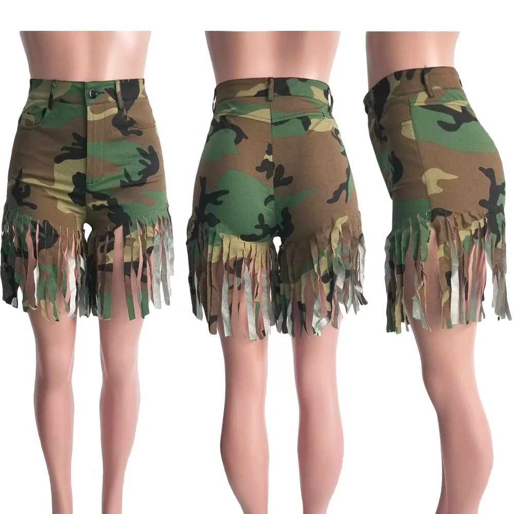 Budgetg Camouflage Tassel Shorts Women Summer Streetwear Zipper Fly Broadcloth Trousers Casual Short Pants Pockets Y2k Clothes 2022