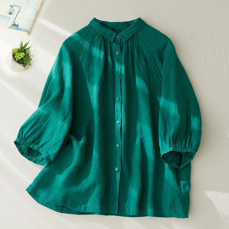 Cotton and linen balloon sleeve embroidered loose shirt