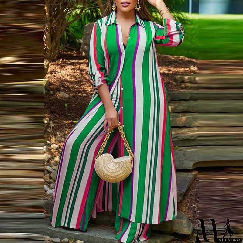 MidiSono - Women Fashion Loose Stripe Printed Long-Sleeved Top Wide-Leg Pants Plus Size Two-Piece Set