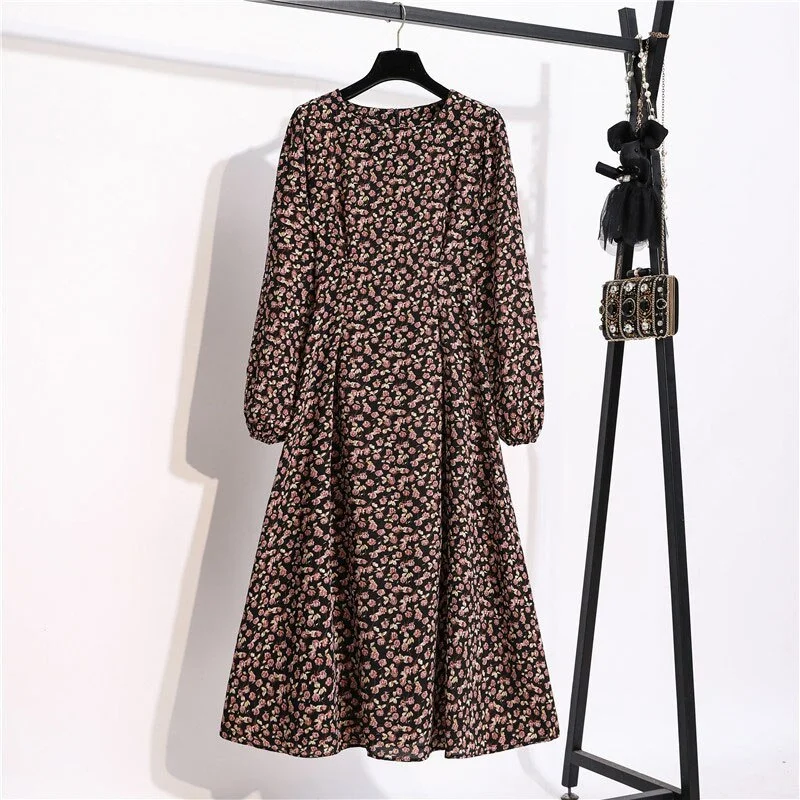 Autumn Winter Women Dress 2022 Vintage Lantern Sleeve Floral Print Chiffon Long Dress Casual A-line Elegant Party Vestidos Robe