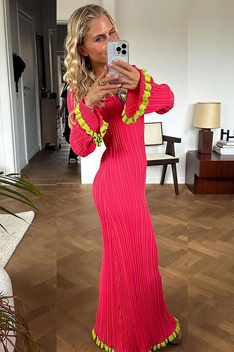 Colorblock Pleated Knit Square Neck Flared Sleeve Bodycon Ruffled Maxi Dresses