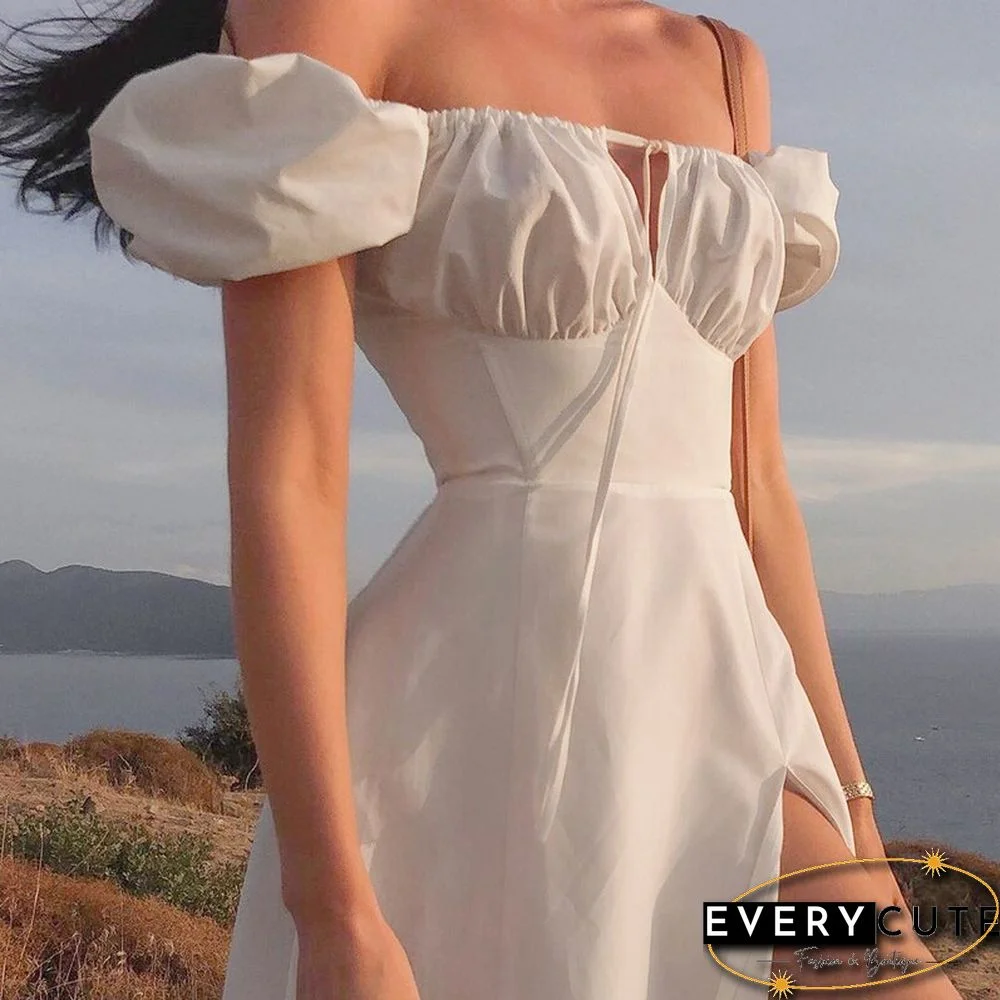 Elegant Pure White Dress Summer High Split Sexy Women Short Puff Sleeve Midi Dress New Aesthetic Vintage Beach Sundress