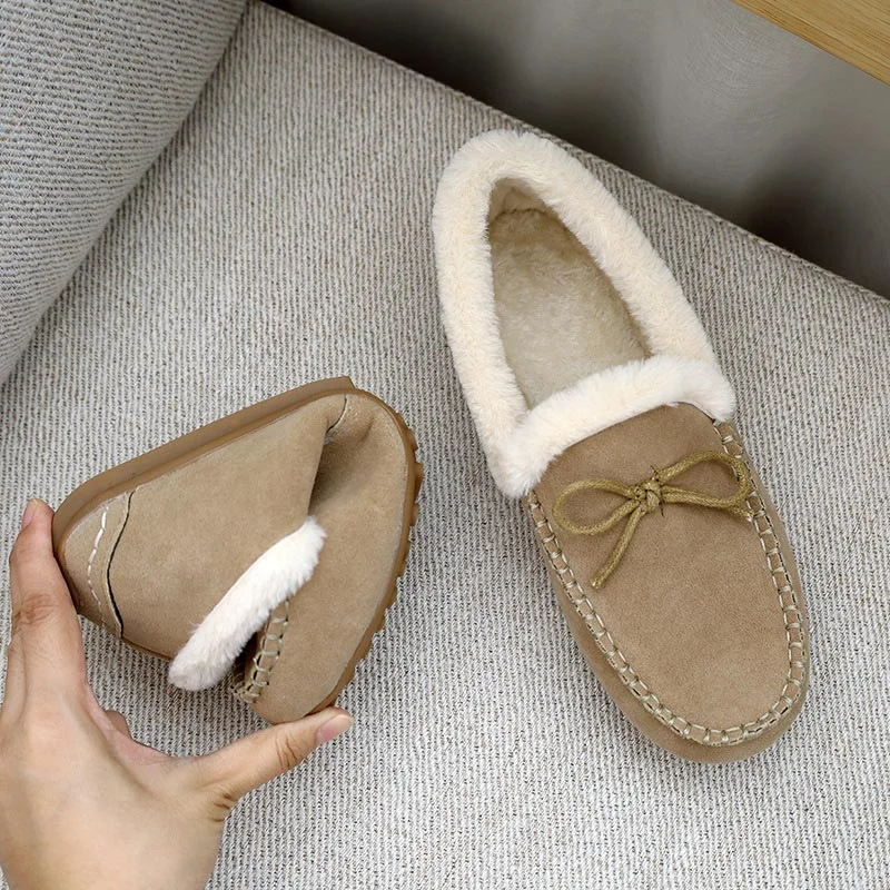 Winter Women Shoes 2021 Thick Plush Warm Ladies Floor Slippers Home Indoor Bowknot Comfort Female Flats Shoes Non Slip Loafers