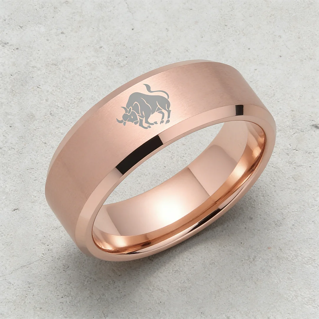 Mens Womens Rose Gold Taurus Tungsten Carbide Rings Rose Gold Edges and Laser Etched Wedding Bands Comfort Fit 4MM 6MM 8MM