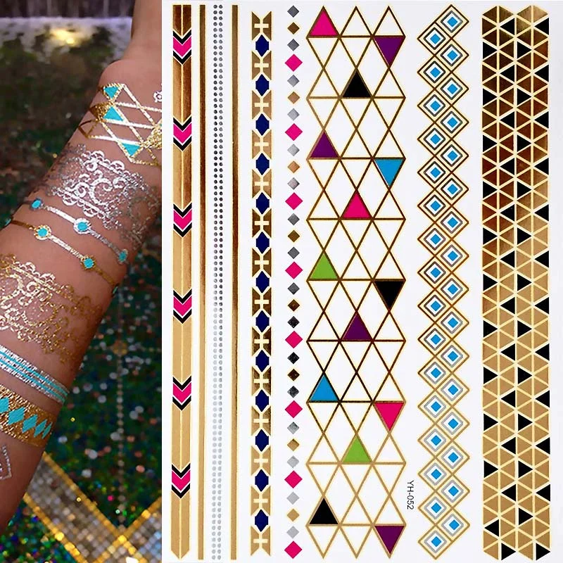Hot Flash Metallic Waterproof Temporary Tattoo Gold Silver Tatoo Women Henna Boho Floral Design Tattoo Sticker