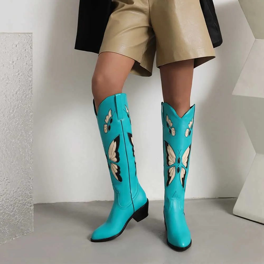 Turquoise Chunky Heel Knee High Cowgirl Boots with Butterfly Inlay