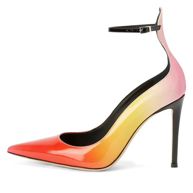 Multicolor Gradient Pumps Women's Classic Stiletto Heel Party Ankle Strap Shoes |FSJ Shoes
