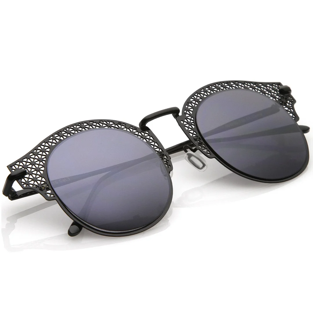 Women's Open Metal Cutout Slim Arm Round Flat Lens Half Frame glasses 50mm