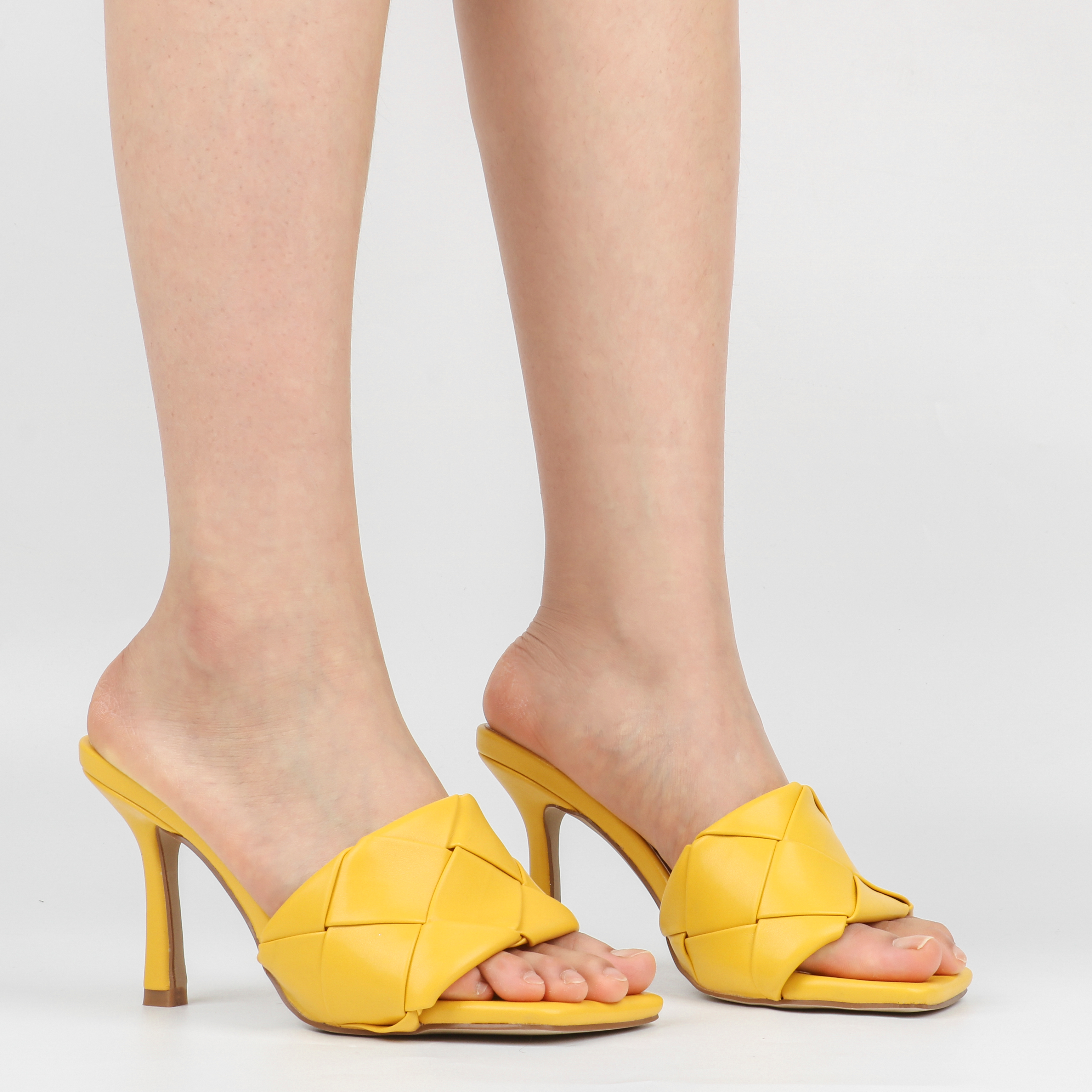90mm Women's Square Open Toe Sandals Stiletto Heeled Woven Mule Sandals Quilted Backless Classic Daily Slippers-vocosishoes