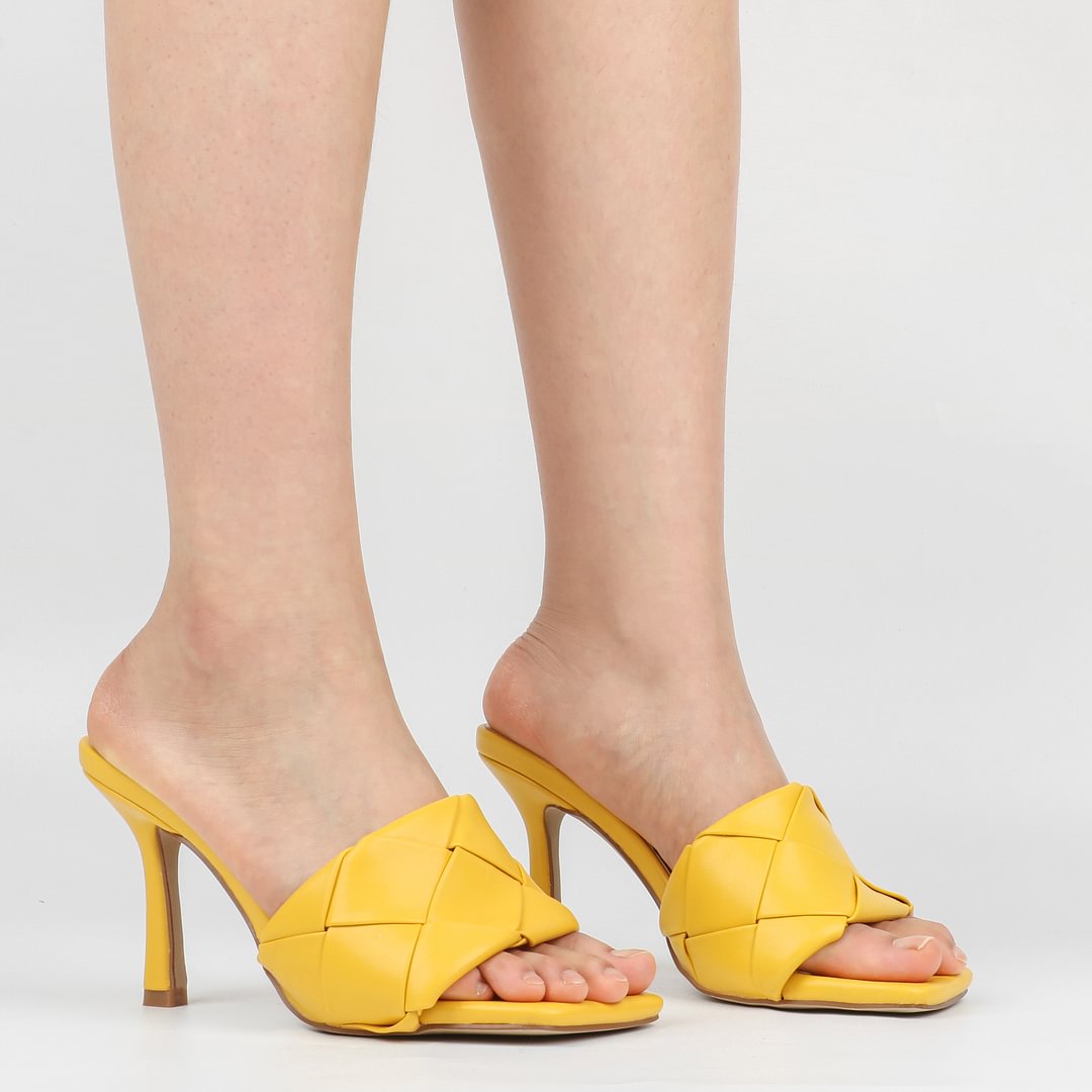 90mm Women's Square Open Toe Sandals Stiletto Heeled Woven Mule Sandals Quilted Backless Classic Daily Slippers-vocosishoes