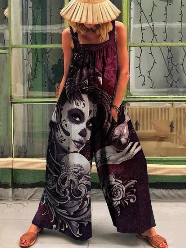 punk skull casual printed overalls