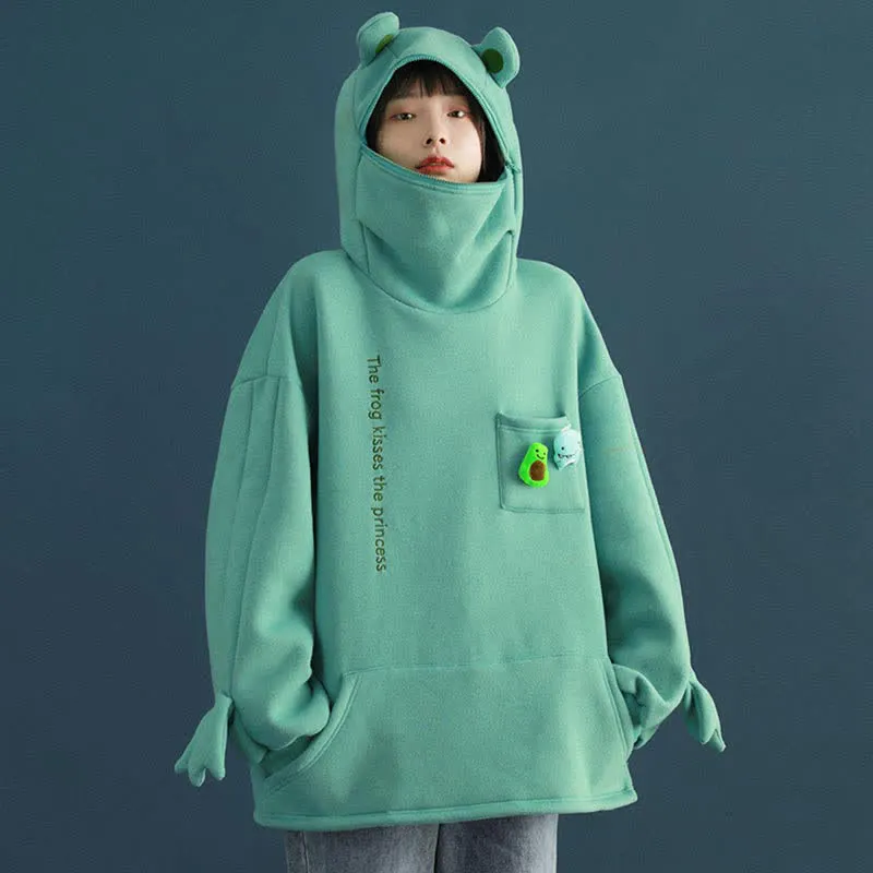 Frog Letter Zipper Pocket Oversized Hoodie THE FROG KISSES THE PRINCESS