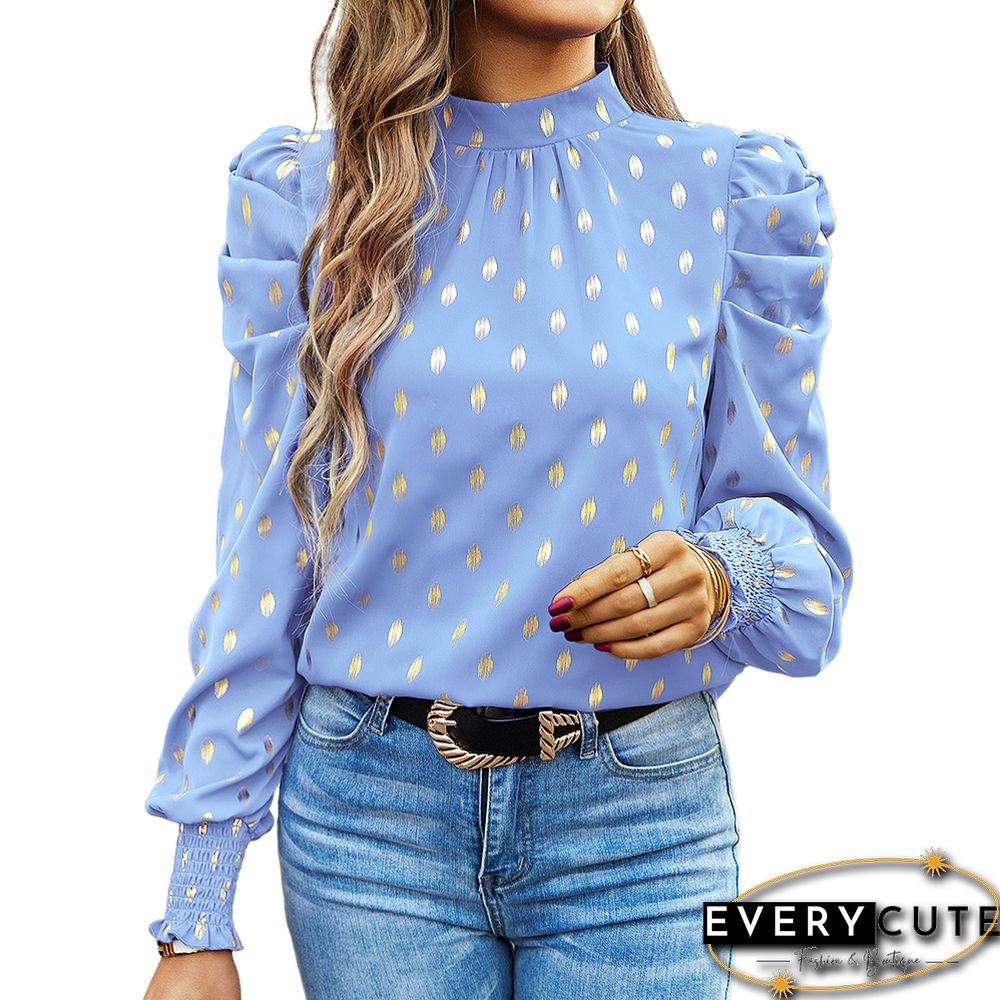 Light Blue Polka Dot Pleated Cuffs Long Sleeve Tops