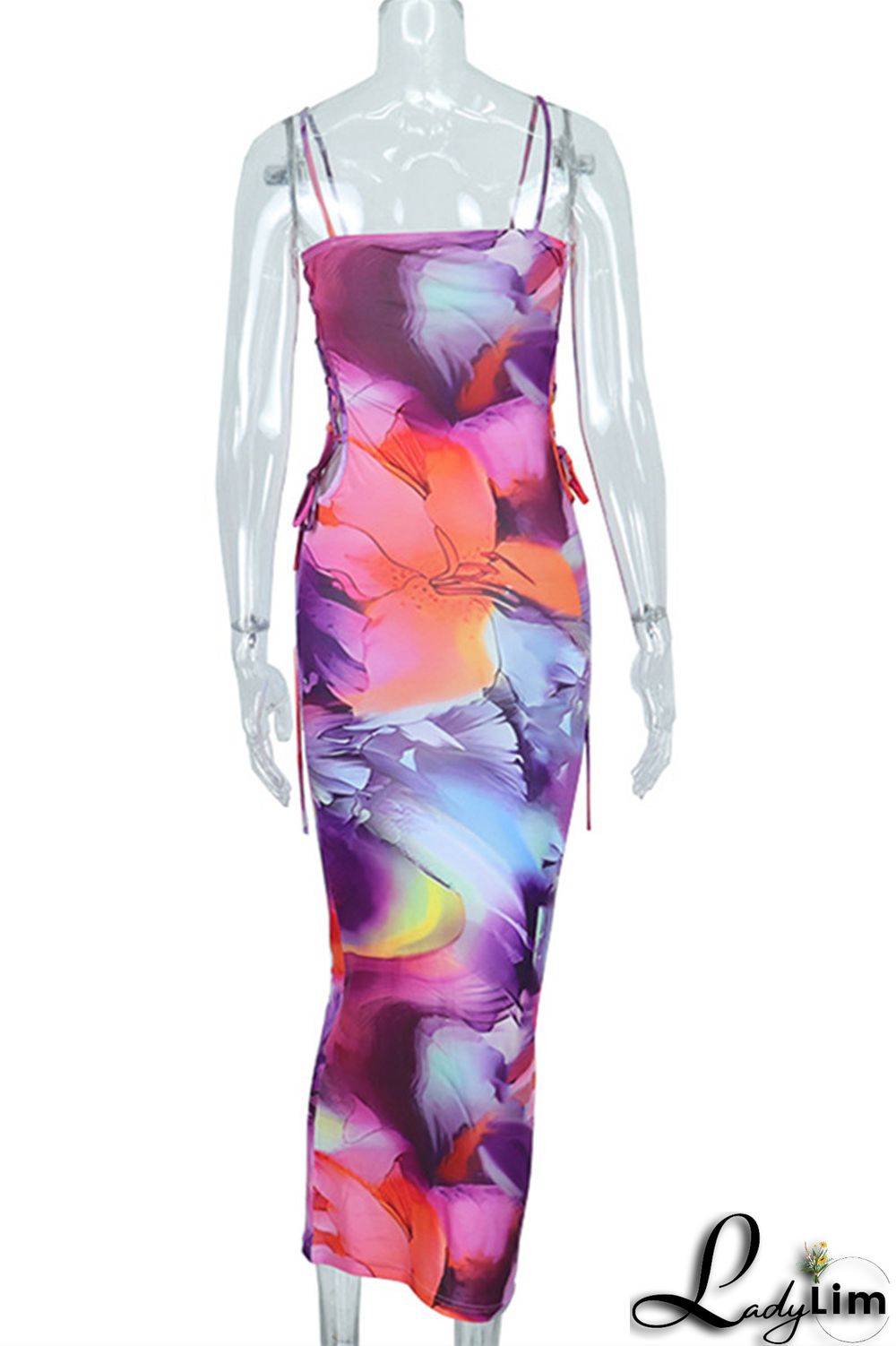 Colour Fashion Sexy Print Bandage Backless Spaghetti Strap Long Dress Dresses