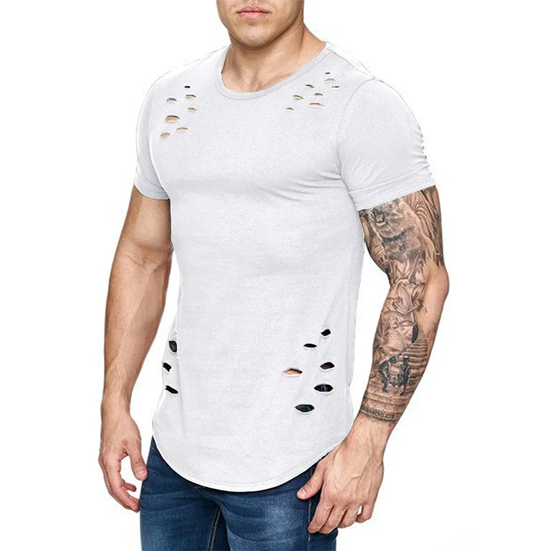 Men's Slim Fit Solid Color Round Neck T-Shirt Men's Wear Perforated Short Sleeve T-Shirt