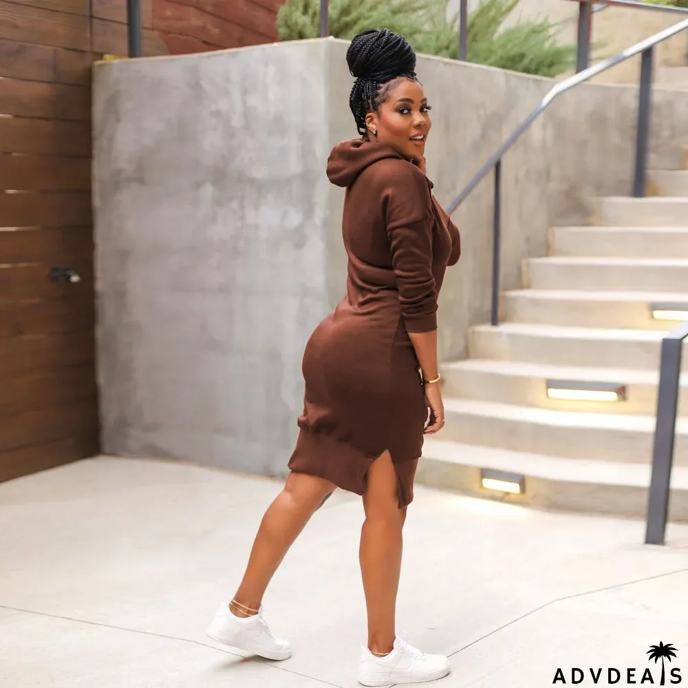 Womens Sexy Casual Solid Long Sleeve With Hood Slit Dress