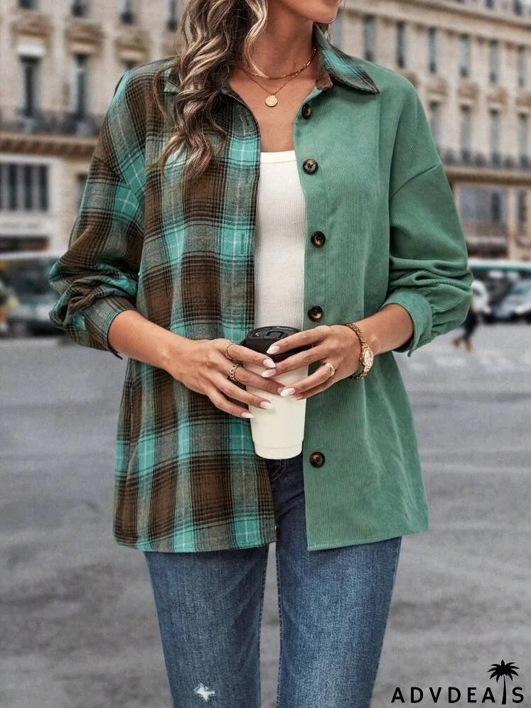 Plaid Print Drop Shoulder Corduroy Jacket