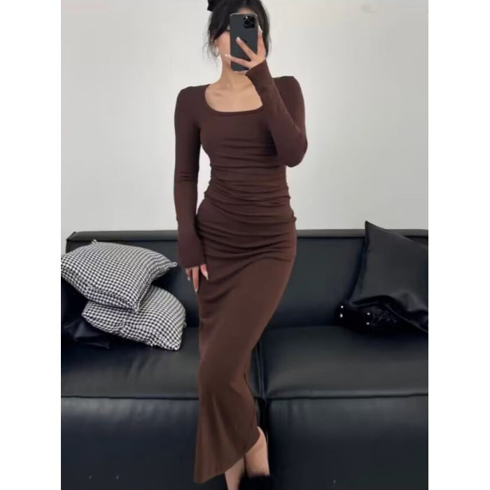 Aiertu fashion outfits Autumn and Winter Korean Style Square Collar Long Sleeve Solid Color Mid-Length Dress High Waist Slimming Hip Skirt aiertu
