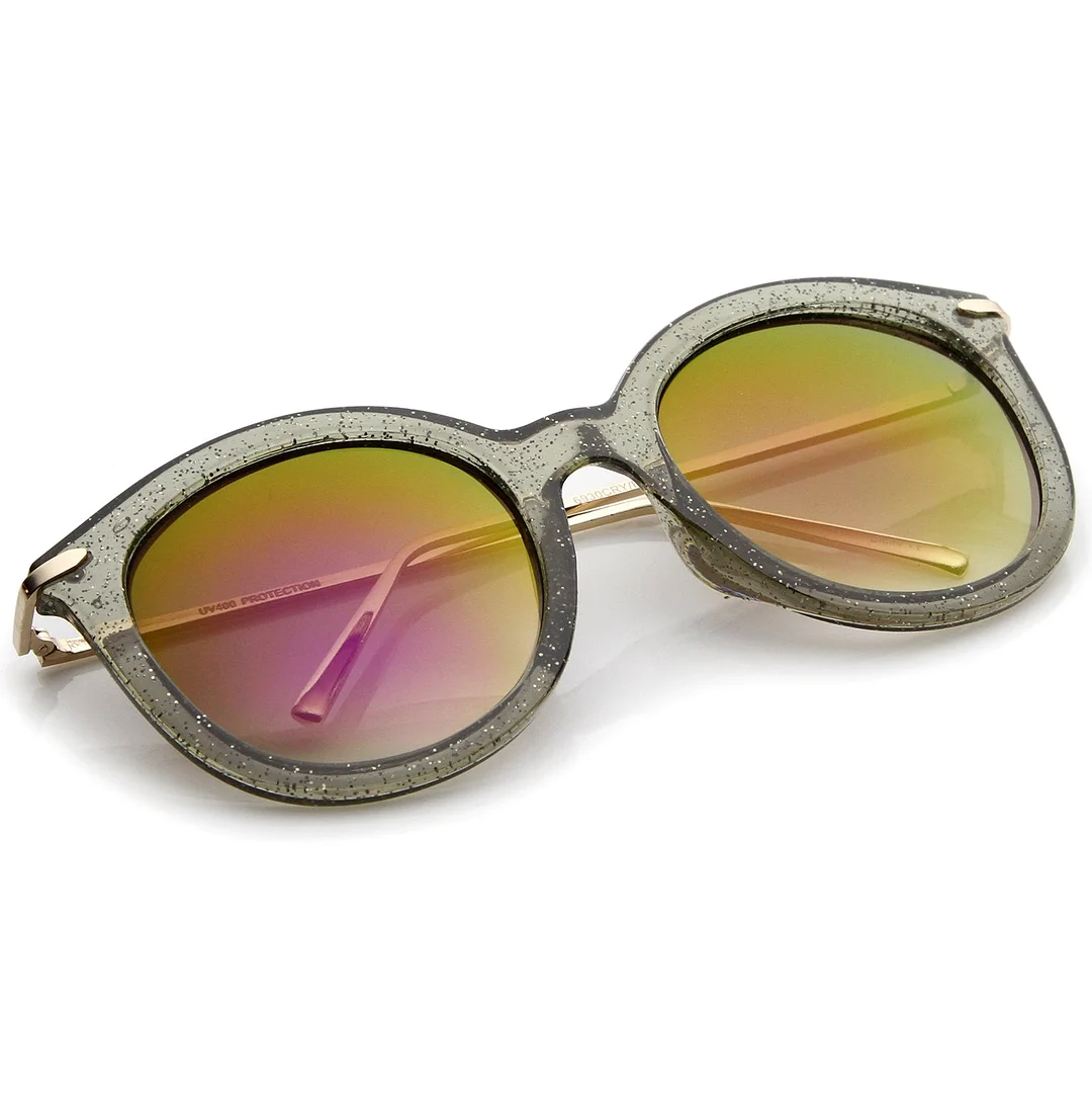 Women's Transparent Glitter Frame Ultra Slim Metal Temple Round glasses 56mm