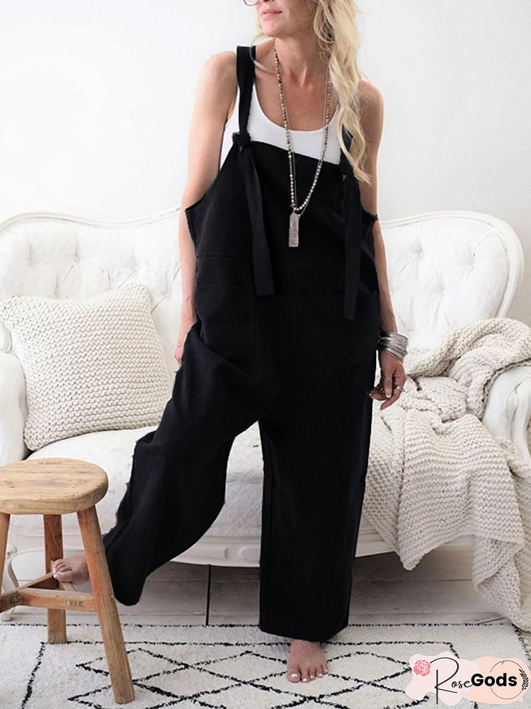 Cotton Pockets Casual Sleeveless Boyfriend Jumpsuits