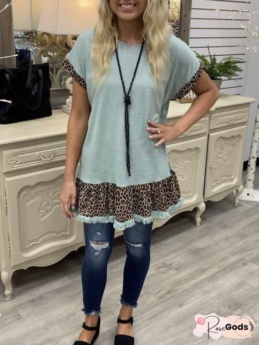 Leopard Print Stitching Ruffled Sleeve T-shirt