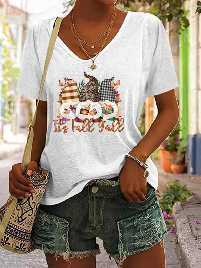 Women's Gnomes It's Fall Yall Print Casual T-Shirt