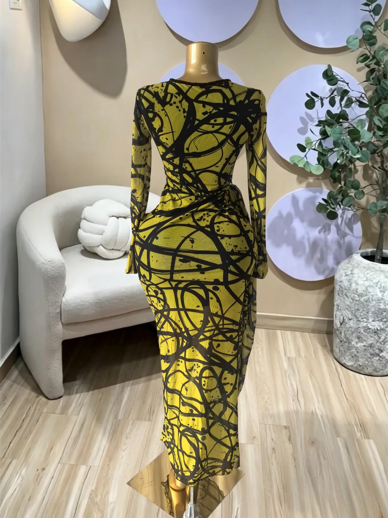 PULKRITU Elegant Women's Striped Pleated Long Sleeve Bodycon Maxi Prom Dress, Formal Wear, Fashion Birthday Party Outfit Evening Gown, Perfect for Special Occasions,Lady Casual Dress,Female Brunch Dresses,Graduation Dress, Print