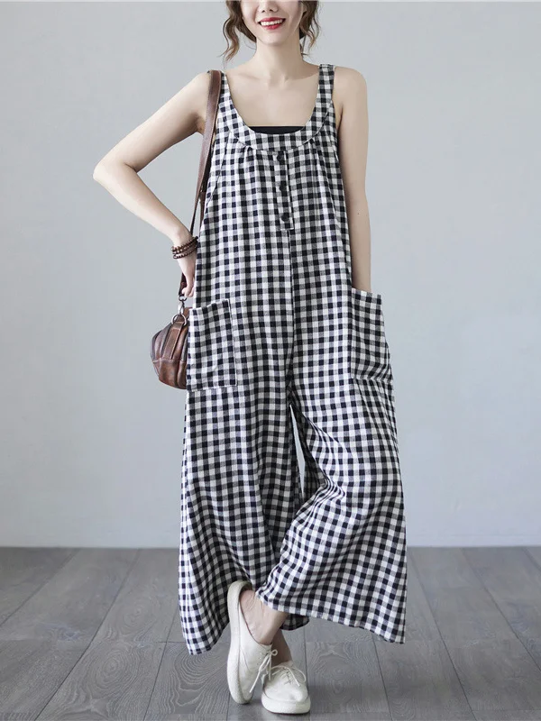 Original Simple Casual Artistic Retro Plaid Wide Legs Jumpsuits