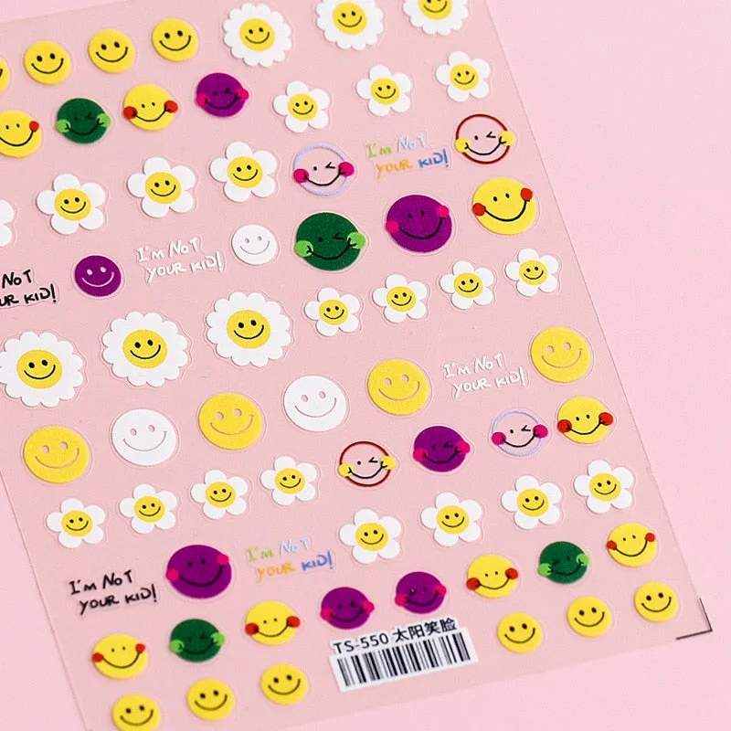 1 Sheet 5D High Quality Ultra-Thin Adhesive Smiley Nail Art Stickers Spring and Summer Cute Smile DIY Manicure Decal Decoration-Nail Inspo