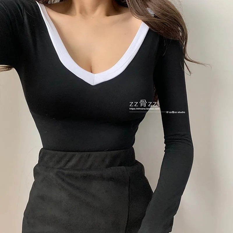 WOMENGAGA 2023 Summer Spring New  V-neck Low Chest Color Patchwork Slim Elastic Navel Exposed Bottom Long Sleeve T-shirt F8T