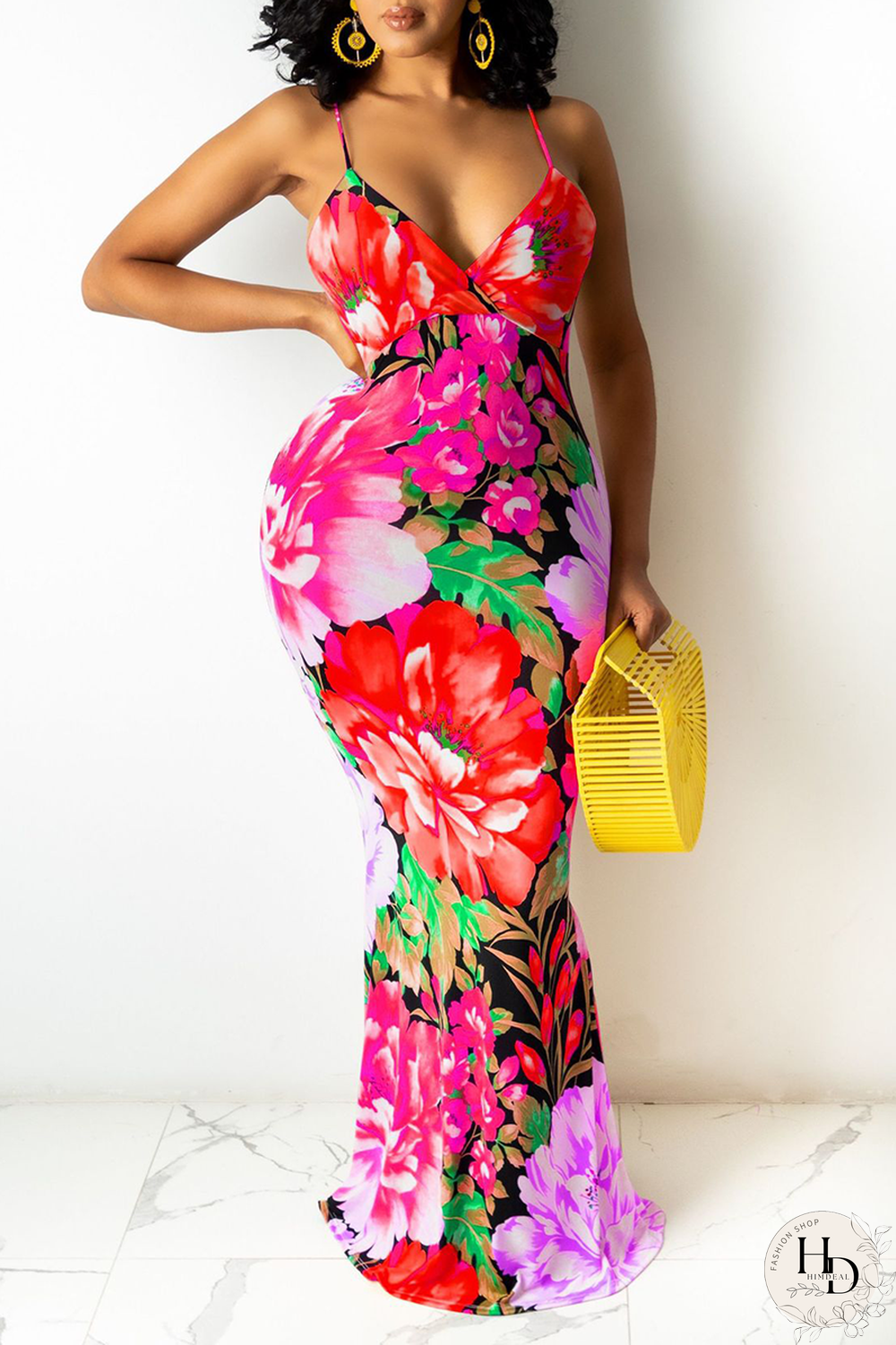 Yellow Sexy Patchwork Split Joint Spaghetti Strap Pencil Skirt Dresses