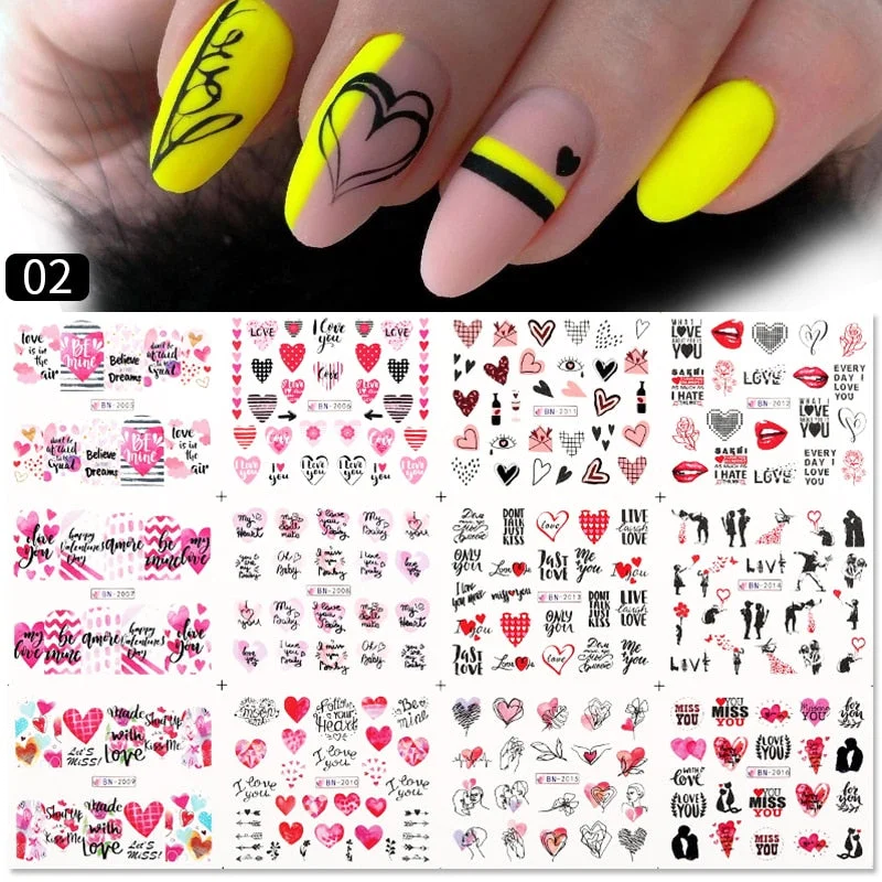 12pcs Valentines Love Letter Water Decals Flower Sliders Nail Stickers for Manicure Nail Art Decoration Transfer Water Sticker-Nail Inspo