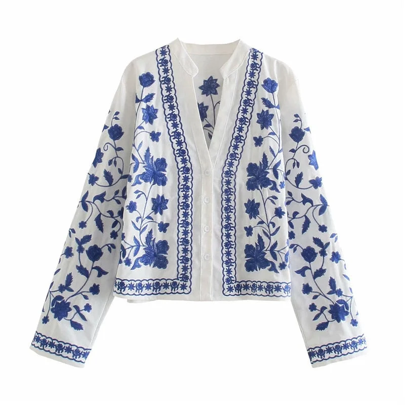 Evfer Women Fashion Blue Flower Embroidery Za Long Loose Shirts Chic Lady Casual Long Sleeve V-Neck White Cotton Blouse Tops