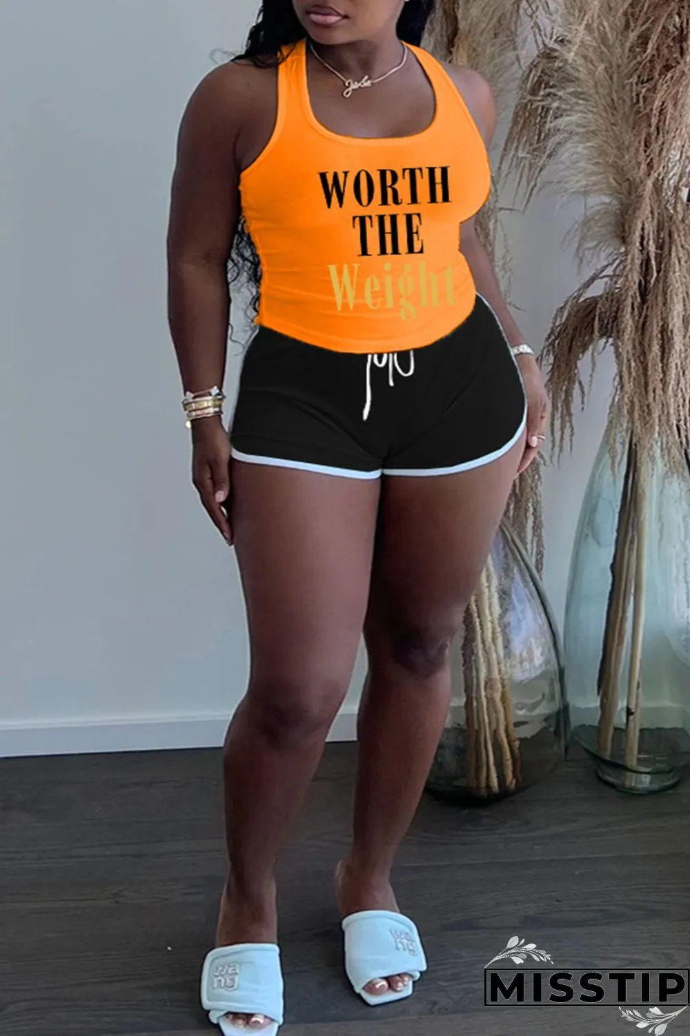 Khaki Casual Letter Patchwork U Neck Plus Size Two Pieces