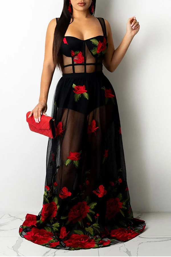 Floral Embroidery Oriental See-Through Maxi Dress