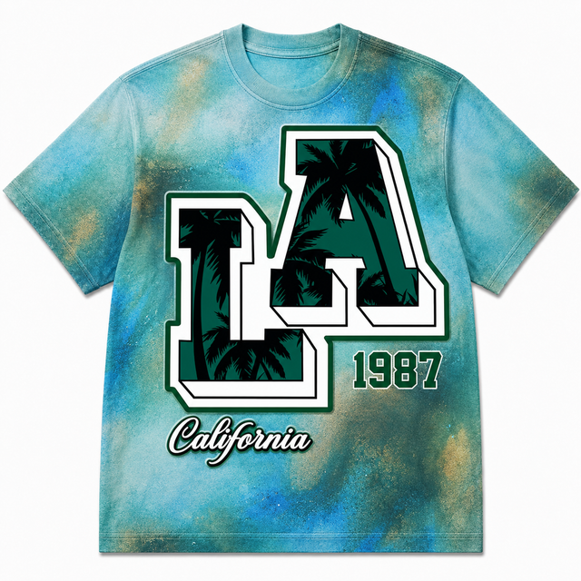 Surf LA College Cotton T-Shirt - Tie Dye Blue / Green / Black