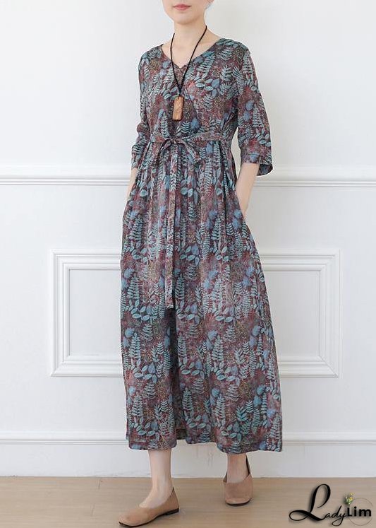 Casual Print Linen Dress V Neck Half Sleeve Spring Dress