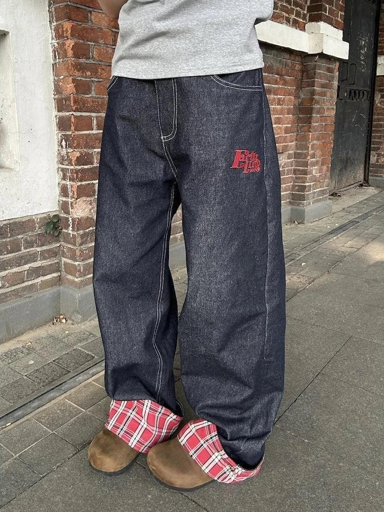 OLCooL Baggy Plaid Jeans Pants Women Retro Harajuku Letter Embroidery Korean Straight Wide Leg Denim Trousers Y2k HipHop Casual olcool