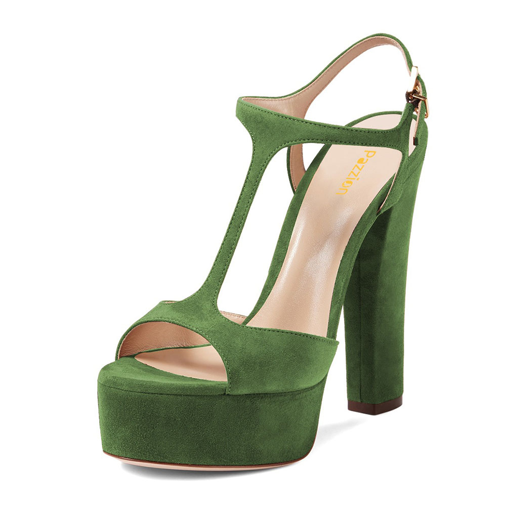 Green Platform Chunky Heel Ankle Strap Buckle Summer Sandals Nicepairs