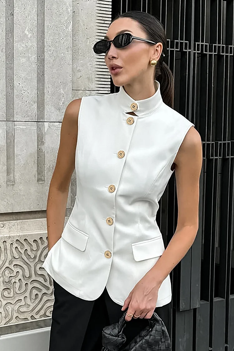 Stand Collar Sleeveless Button Up Cinch Waist Top-White