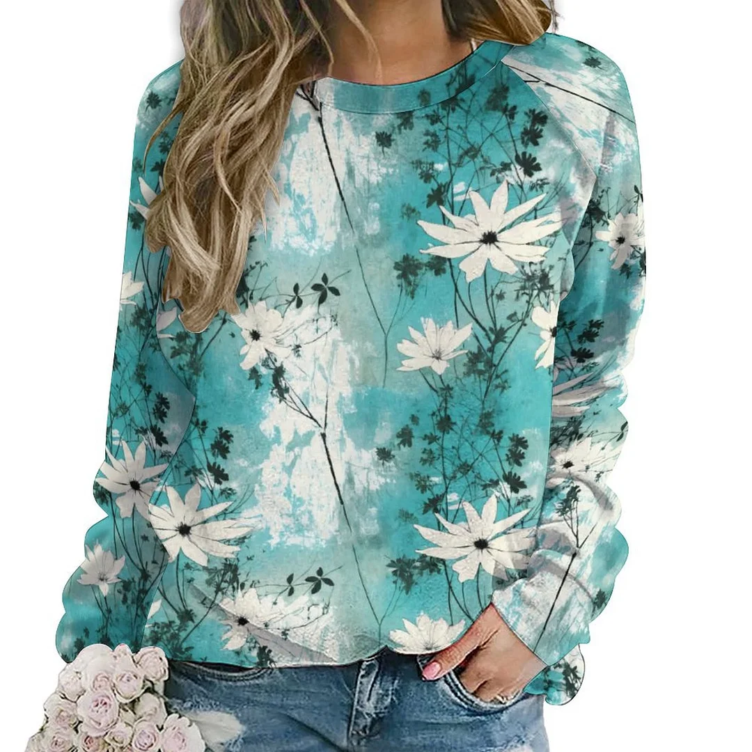 Printed Long Sleeve Casual Sweatshirt for  Women and Men Unisex Pattern Turquoise, Floral, Green