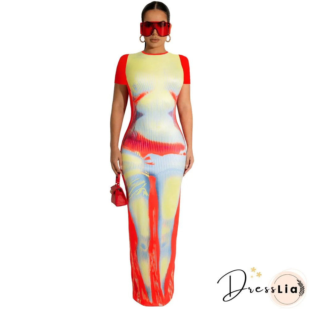 CM.YAYA Women 3D Printed Short Sleeve O-neck Bodycon Midi Maxi DressFor Summer Sexy Night Party Clubwear Long Dresses