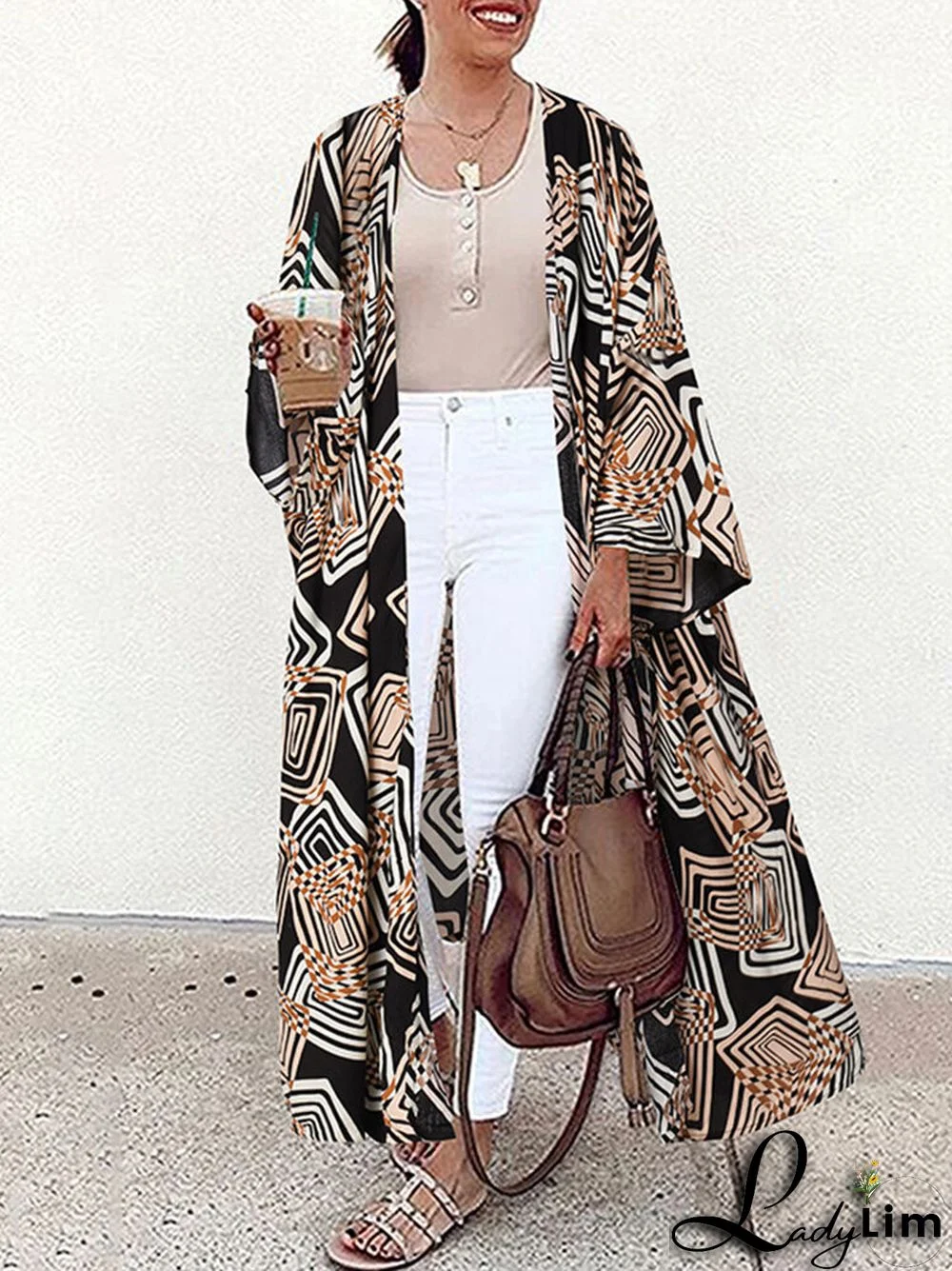 Bohemian Geo Print Loose Long Sleeve Open Front Kimono