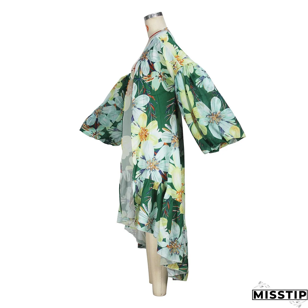 Casual Spring and Autumn Women's Lantern Sleeve Irregular Long Printed Coat