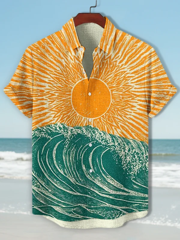 Men's Ocean Wave Sunburst Print Short Sleeve Shirt