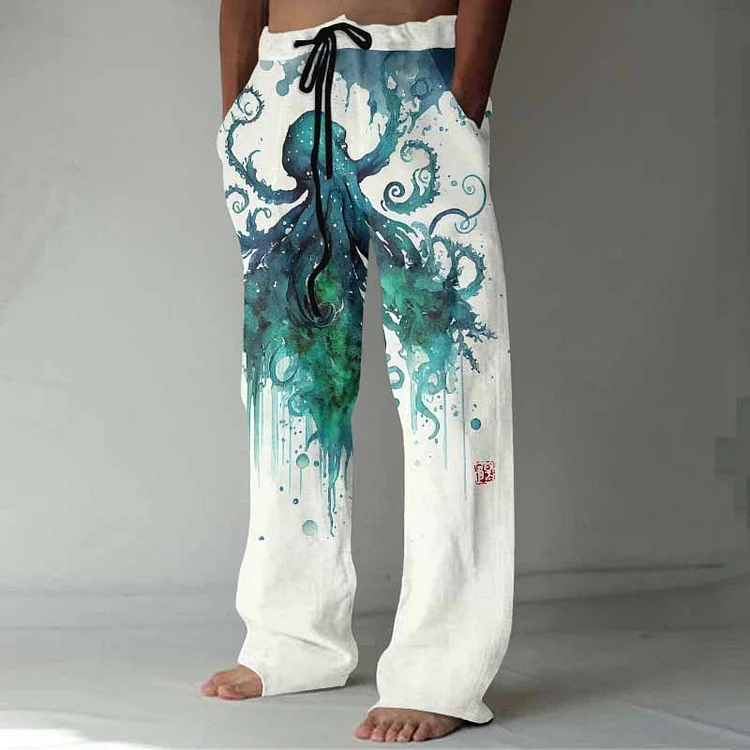 Japanese Art Watercolor Mutated Octopus Graphic Printed Casual Pants