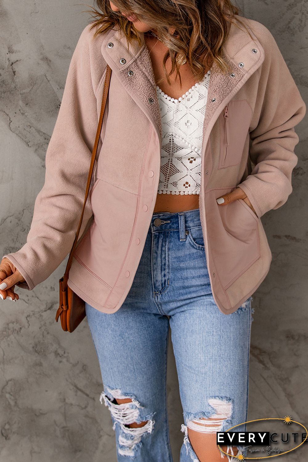 Pink Faux Shearling Lining Snap Button Suede Jacket