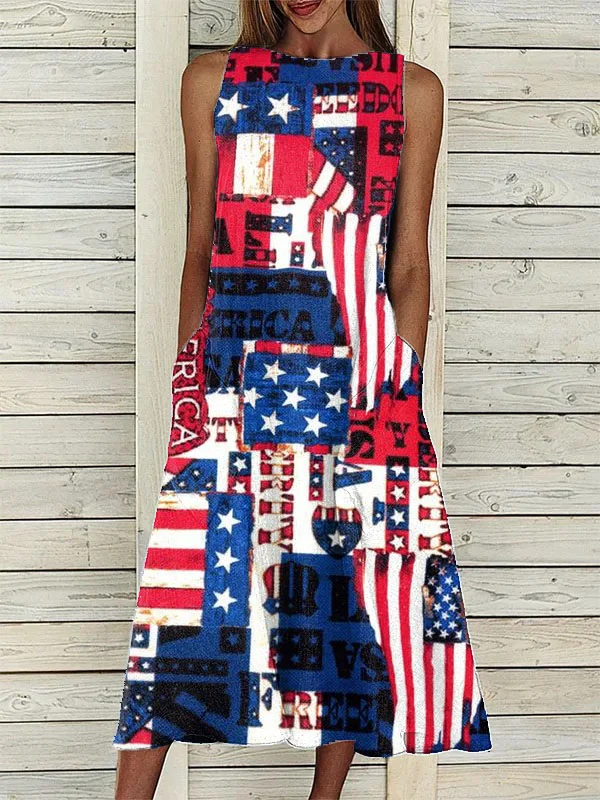 Women's Independence Day Themed American Flag Element Print Pocket Dress
