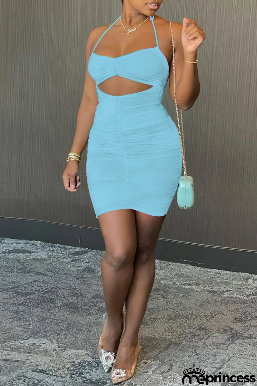 Black Fashion Sexy Solid Hollowed Out Backless Spaghetti Strap Sleeveless Dress