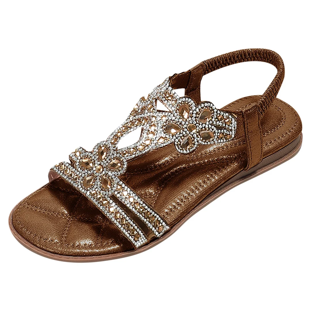 Women's Rhinestone Bohemian Beach Elastic Strap Slingback Sandals Shoes